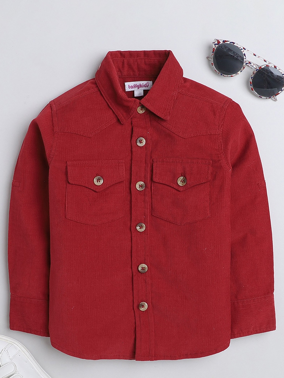 

taffykids Boys Relaxed Solid Chest Pocket Detailing Casual Shirt, Red