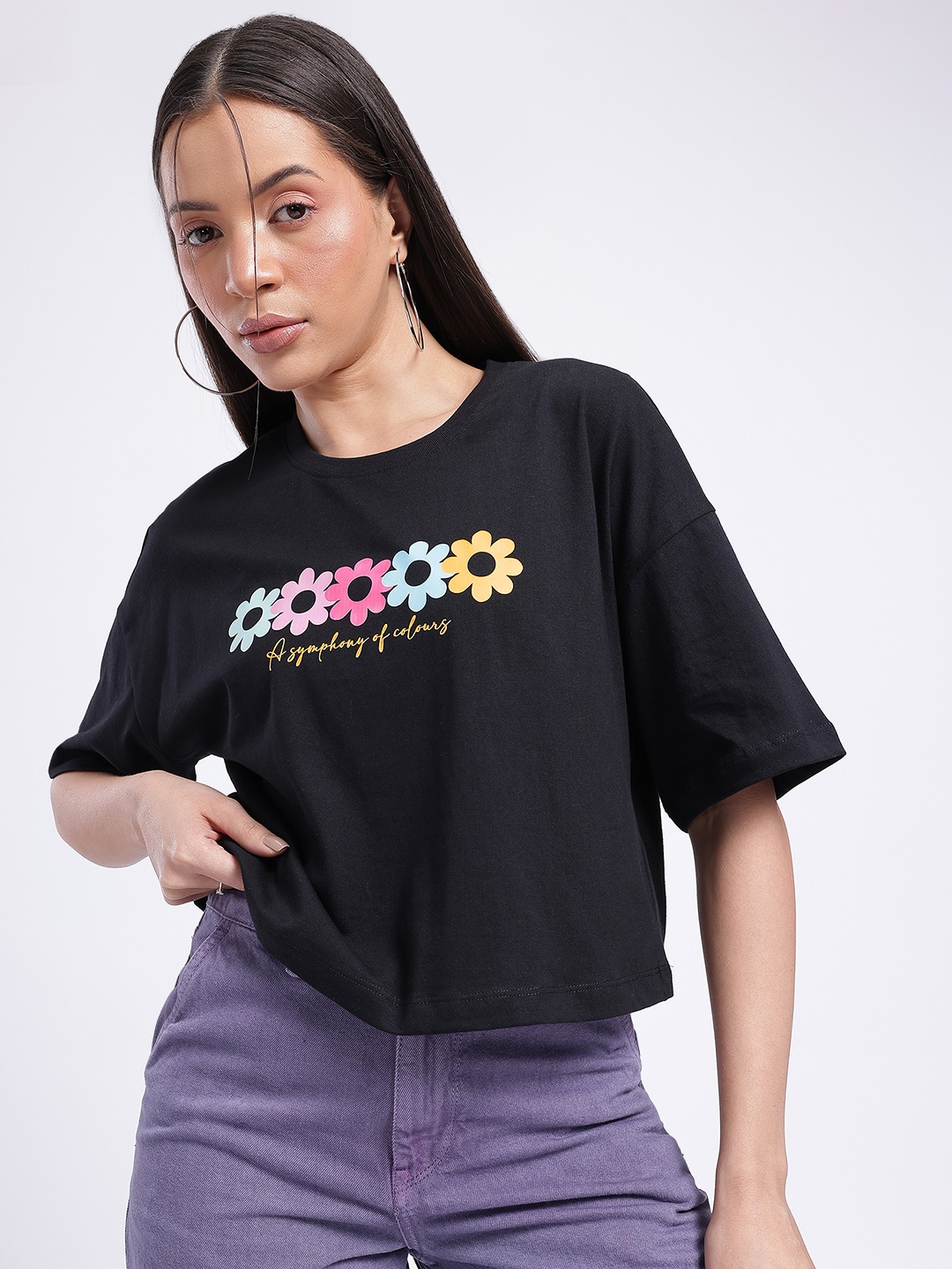 

glitchez Floral Frenzy Printed T-shirt, Black