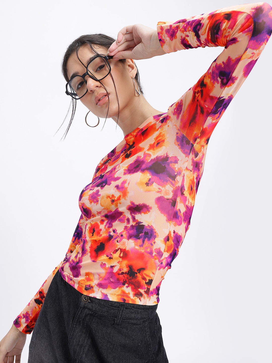 

glitchez Floral Bing Fitted Mesh Top, Pink