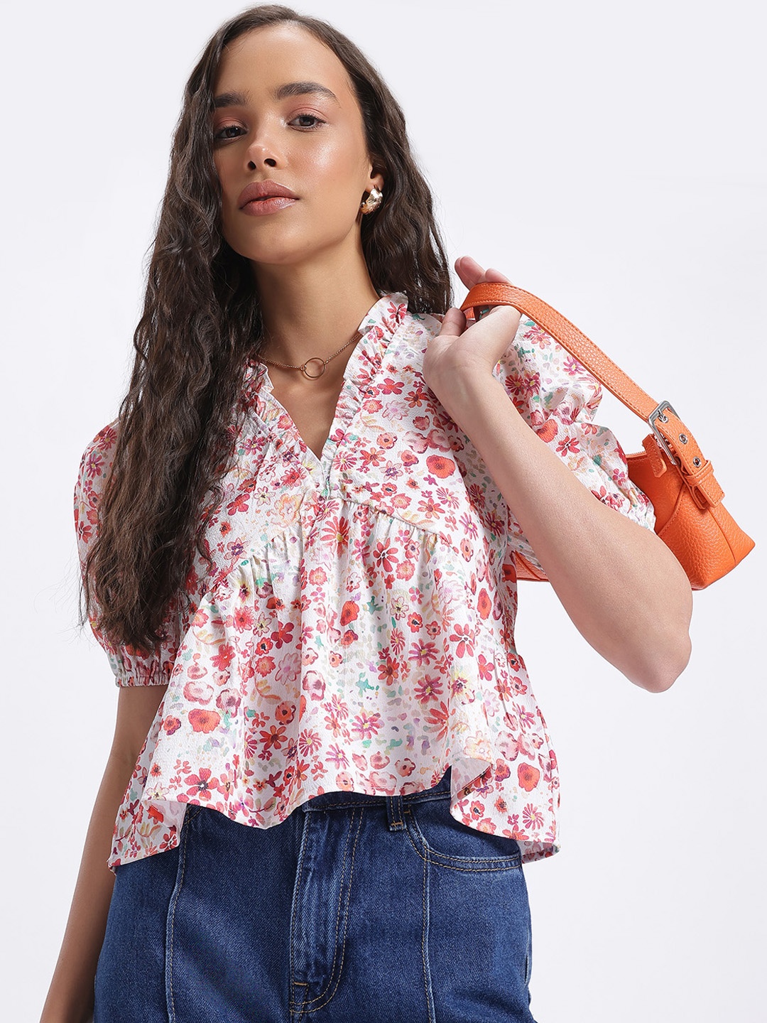 

glitchez Ruffled Blooms Floral Printed Empire Top, White