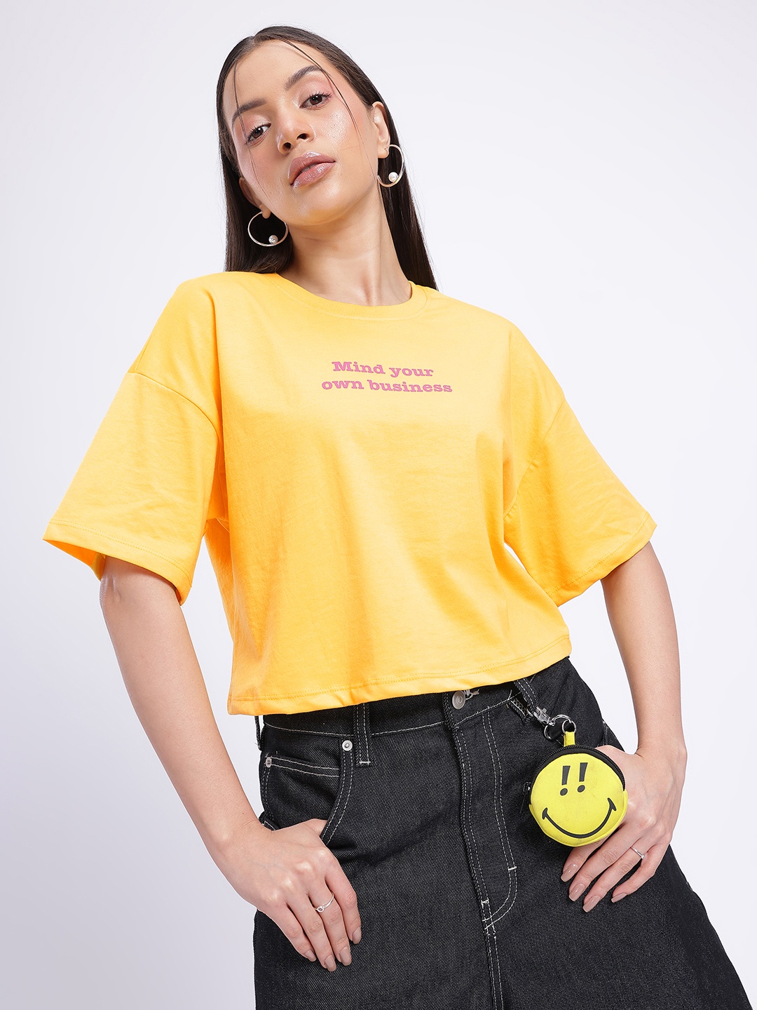 

glitchez Hello Sunshine Printed Drop-Shoulder Sleeves T-shirt, Yellow