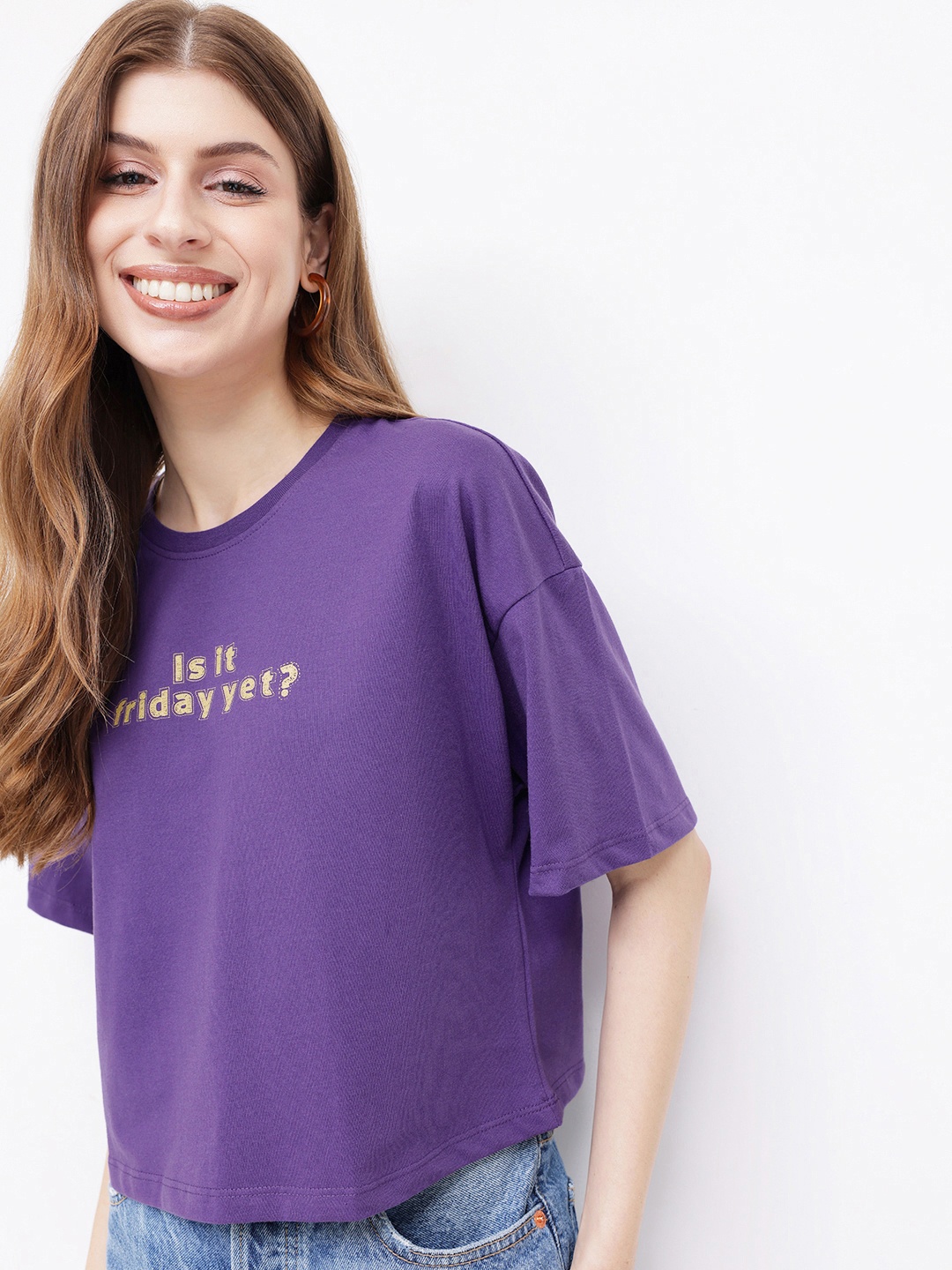 

glitchez Weekend Escape Print Boxy Crop T-shirt, Purple