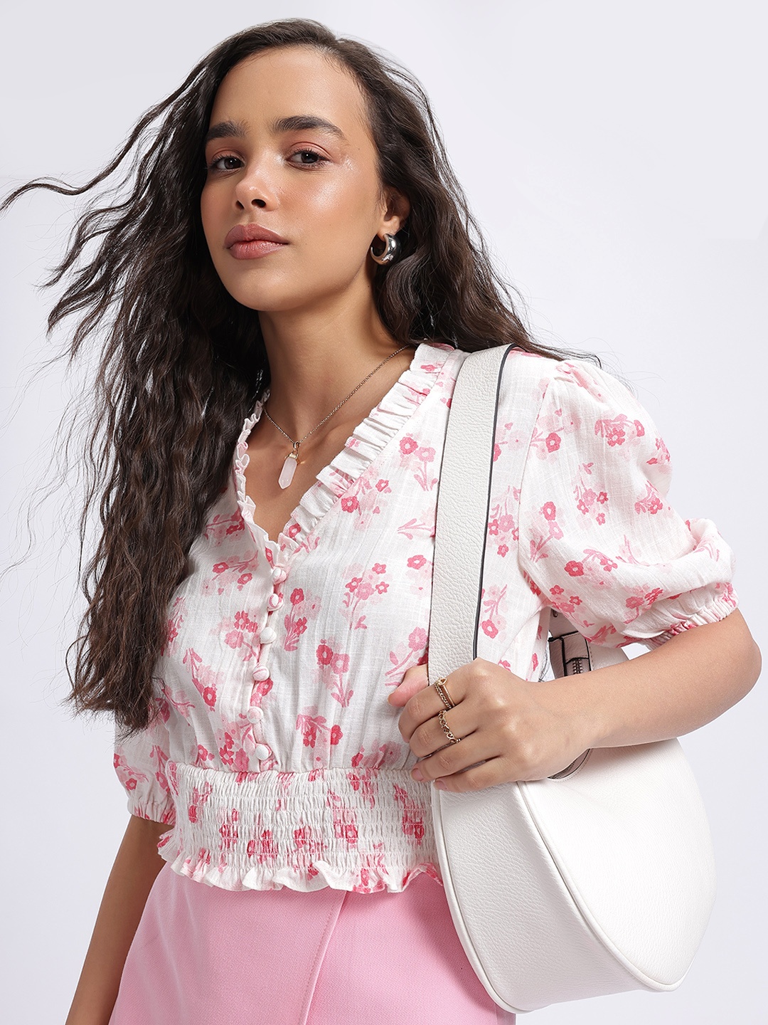 

glitchez Nature's Canvas Ruffled Floral Print Smocked Top, White
