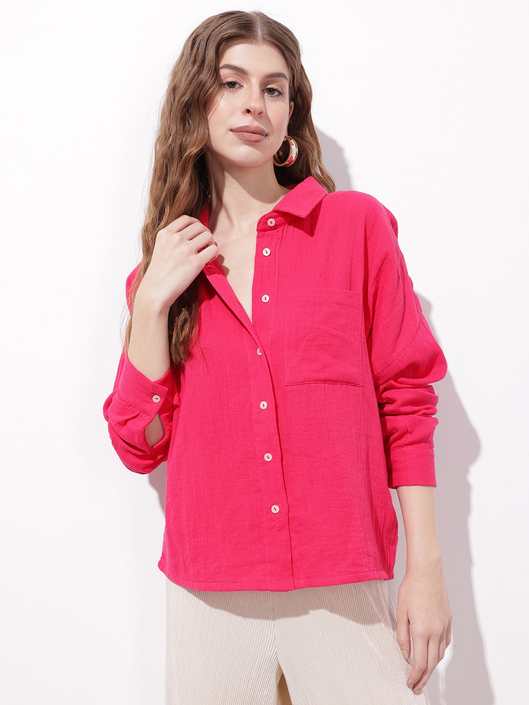 

glitchez Barbiecore Boom Crinkled Boxy Shirt, Fuchsia