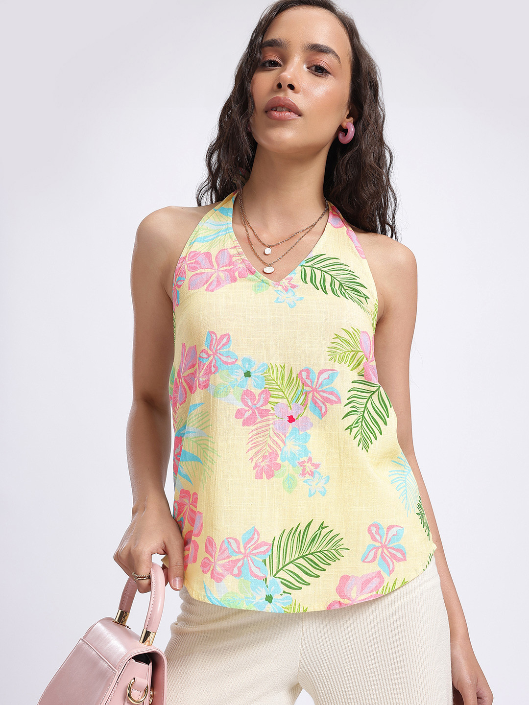 

glitchez Tropical Threads Printed Halter Neck Top, Yellow
