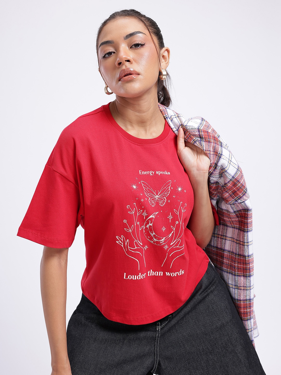 

glitchez Cosmic Energy Printed Drop-Shoulder Sleeves T-shirt, Red