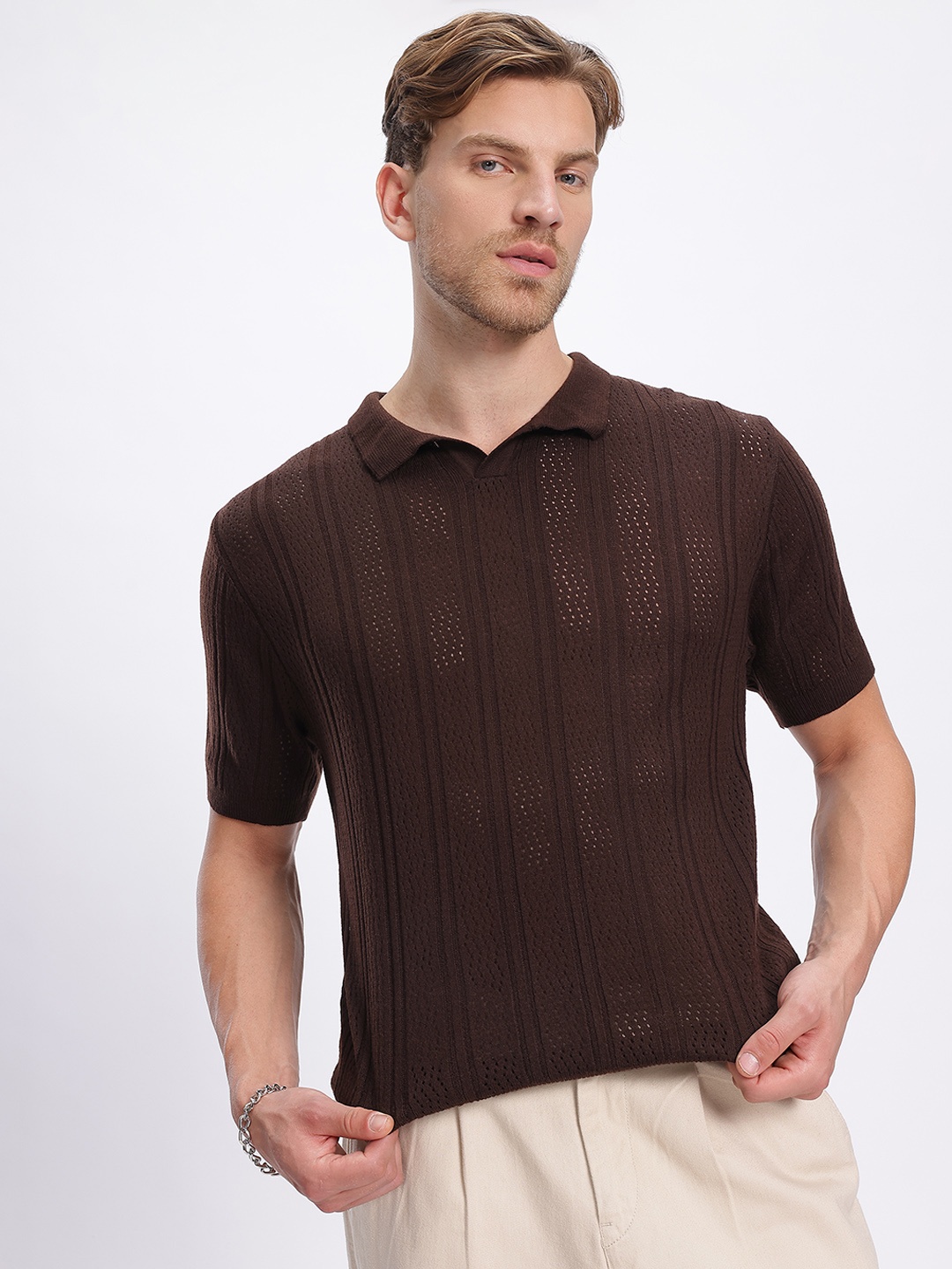 

glitchez Open Knit Self-Striped Polo Collar T-shirt, Brown
