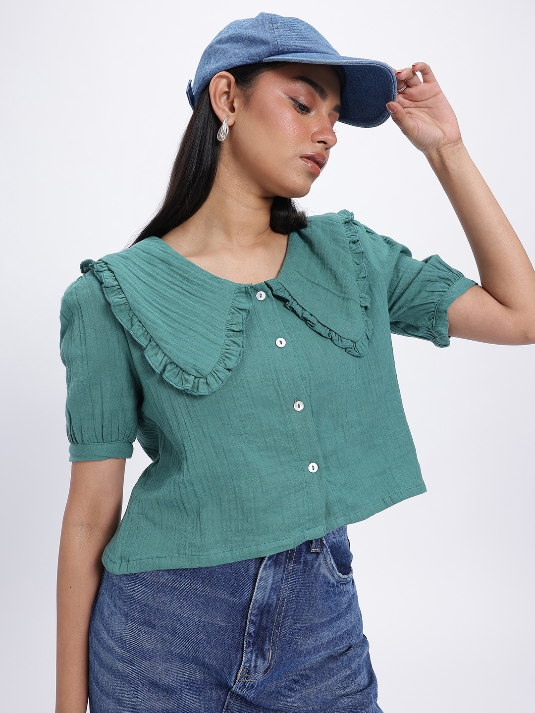 

glitchez Edgy Sass Above the Keyboard Frill Detail Shirt Style Top, Green