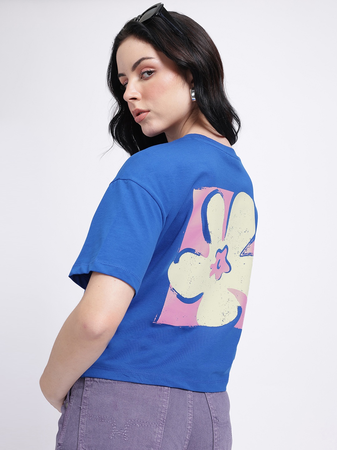 

glitchez Floral Patch Drop-Shoulder T-shirt, Blue