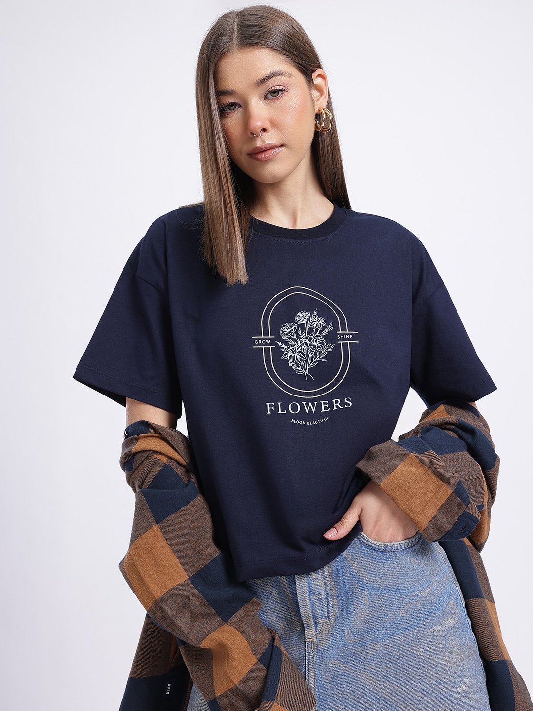 

glitchez Ethereal Bloom Floral Print T-shirt, Navy blue