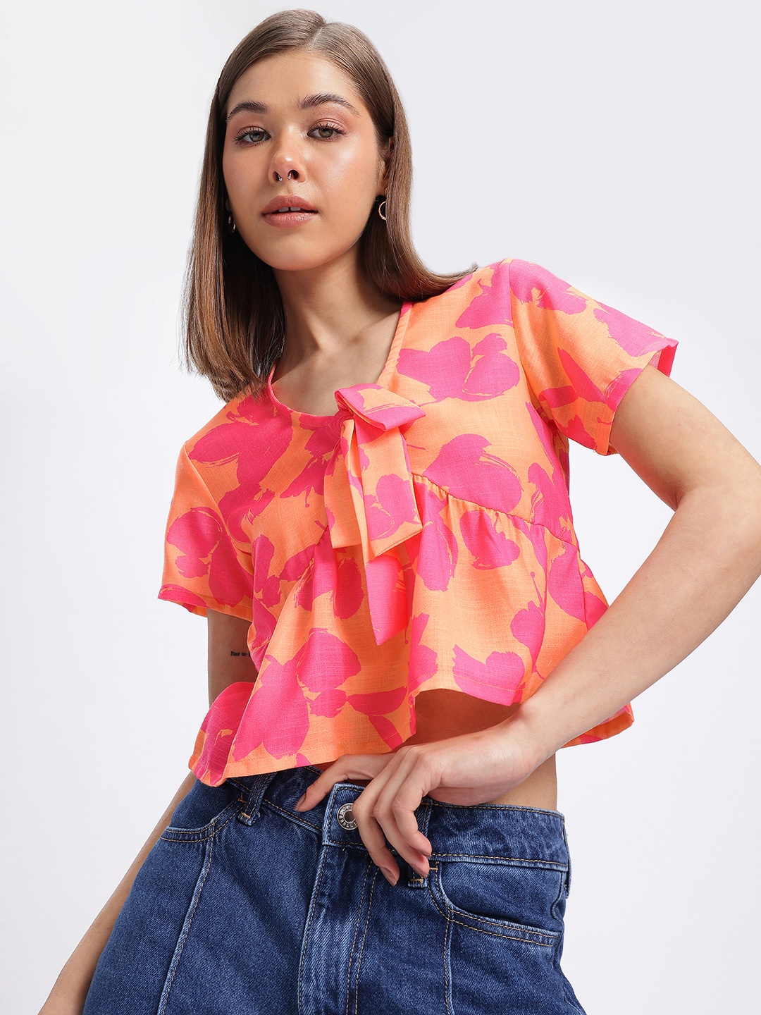 

glitchez Summer Blooms Floral Glow Printed Empire Top, Orange