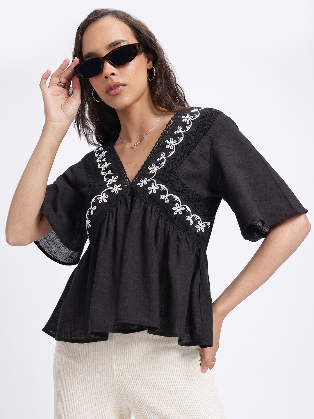 

glitchez Lace Inserts Embroidered V-Neck Empire Top, Black