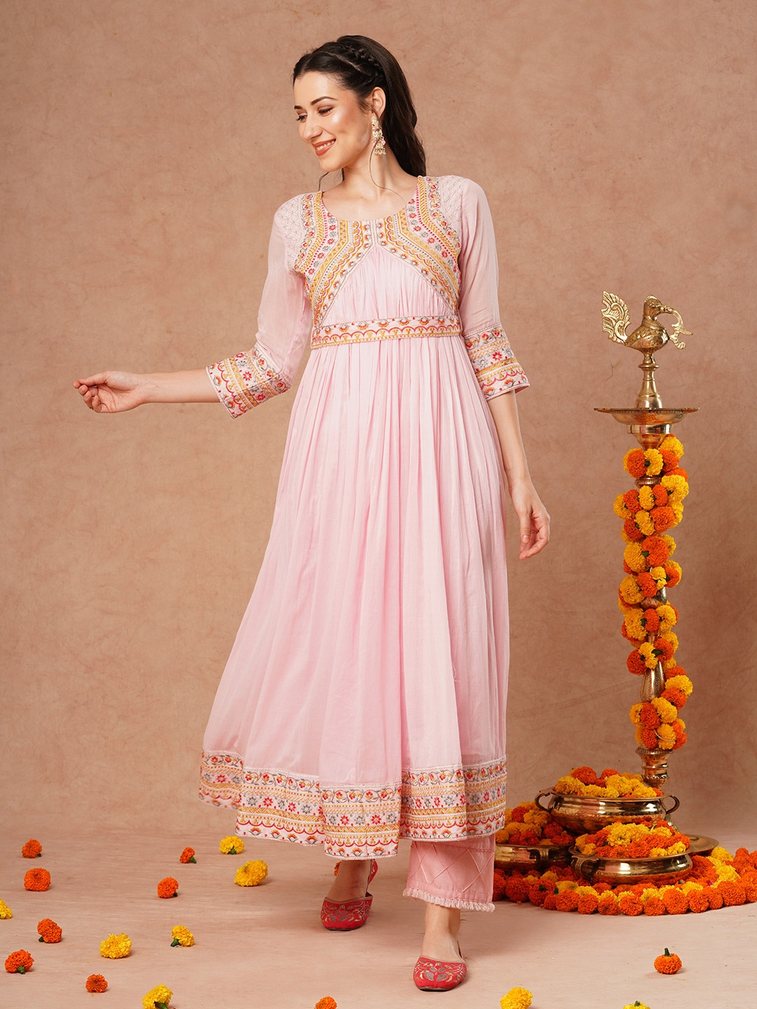 

FASHOR Floral Embroidered Cotton Pleated A-Line Kurta, Pink