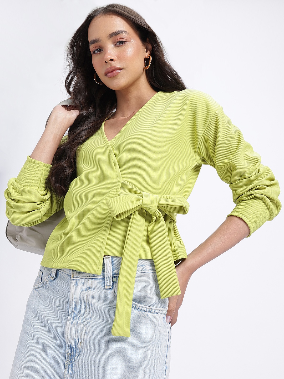 

glitchez Wrap Edge Stripe Texture Drop-Shoulder Top, Green