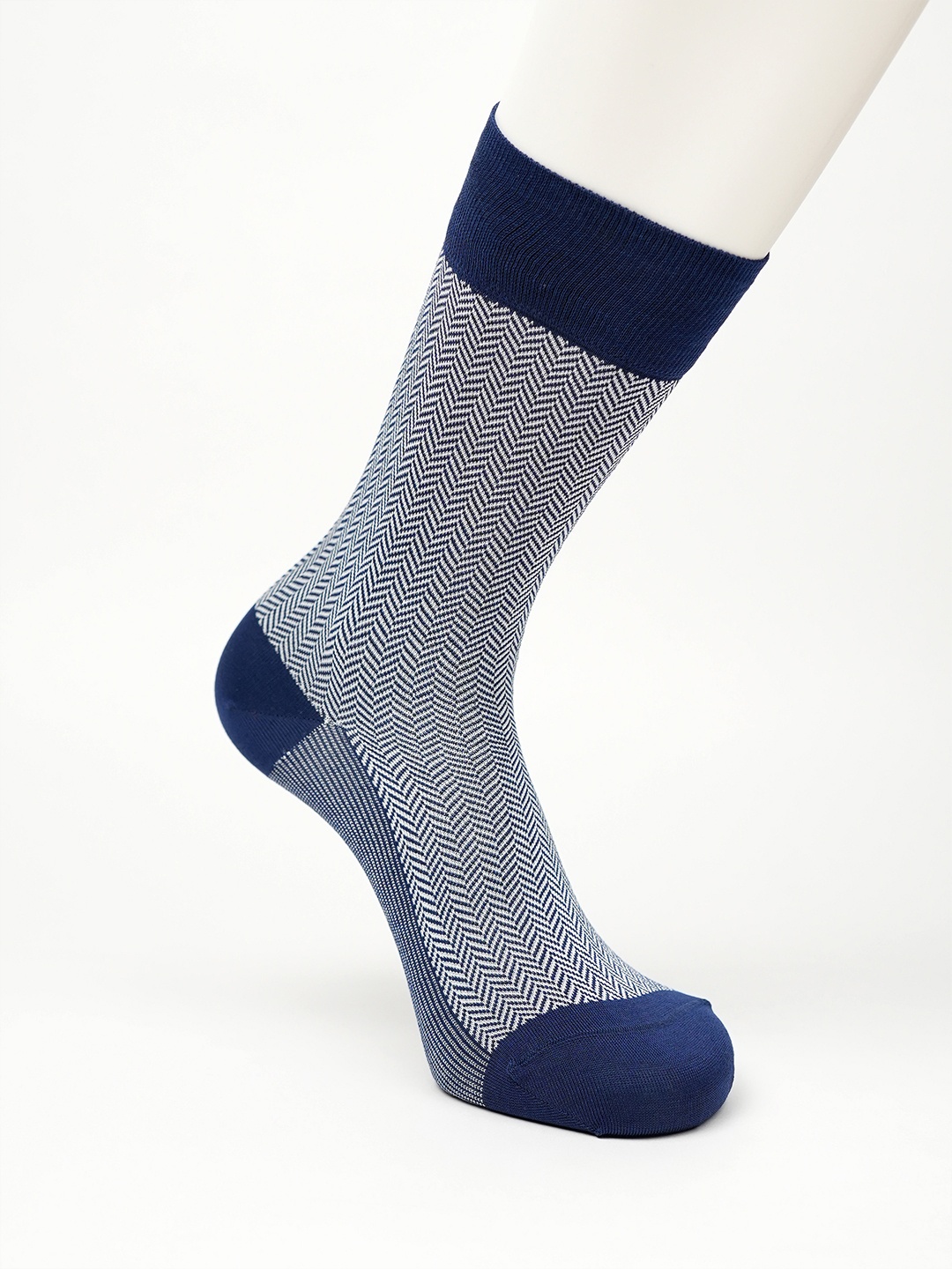 Theater Men Herringbone Patterned Cotton Calf Length Socks, Navy blue