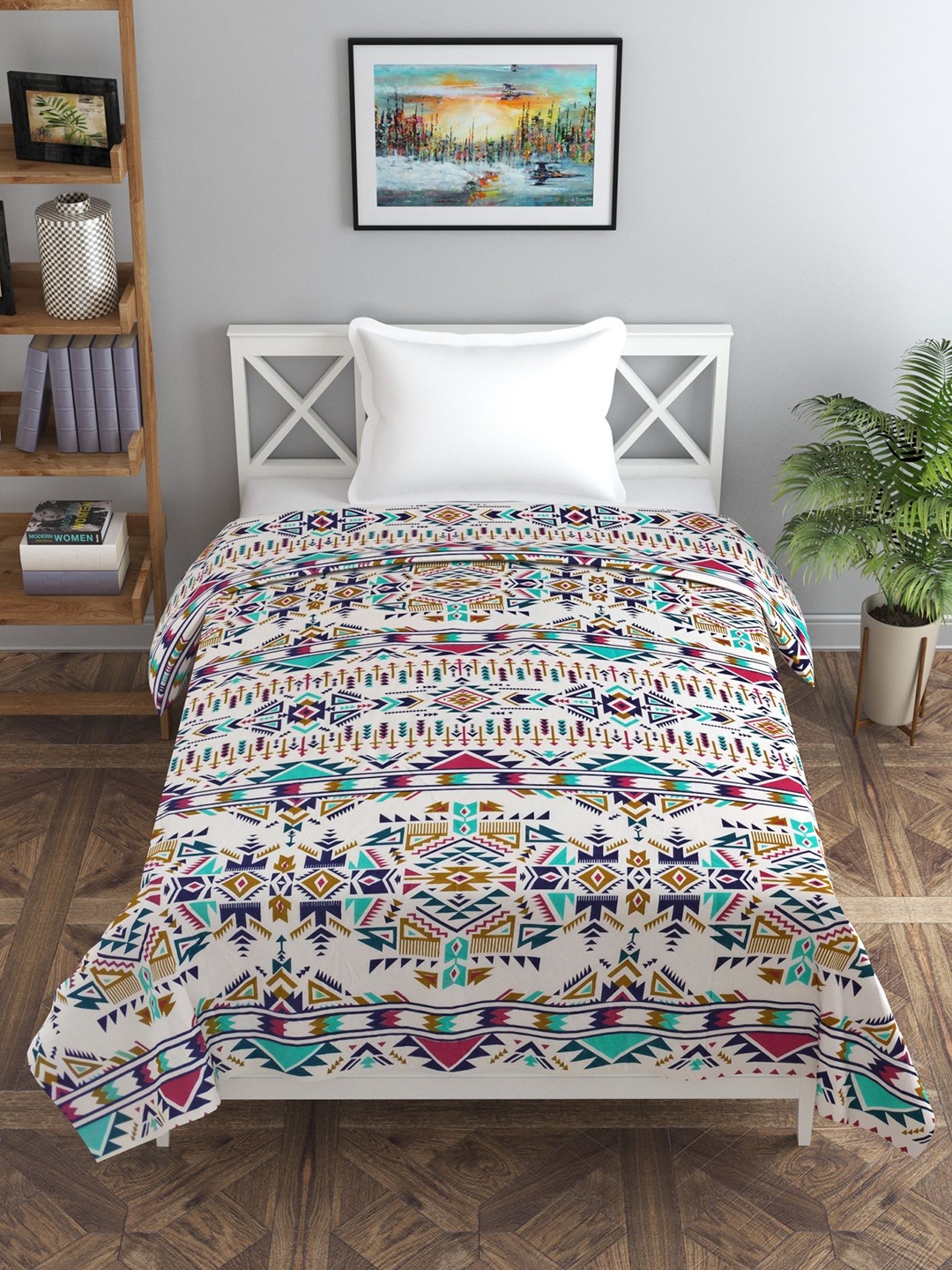 

Trance Home Linen Blue & Green Geometric Cotton 150 GSM Reversible Single Bed Dohar