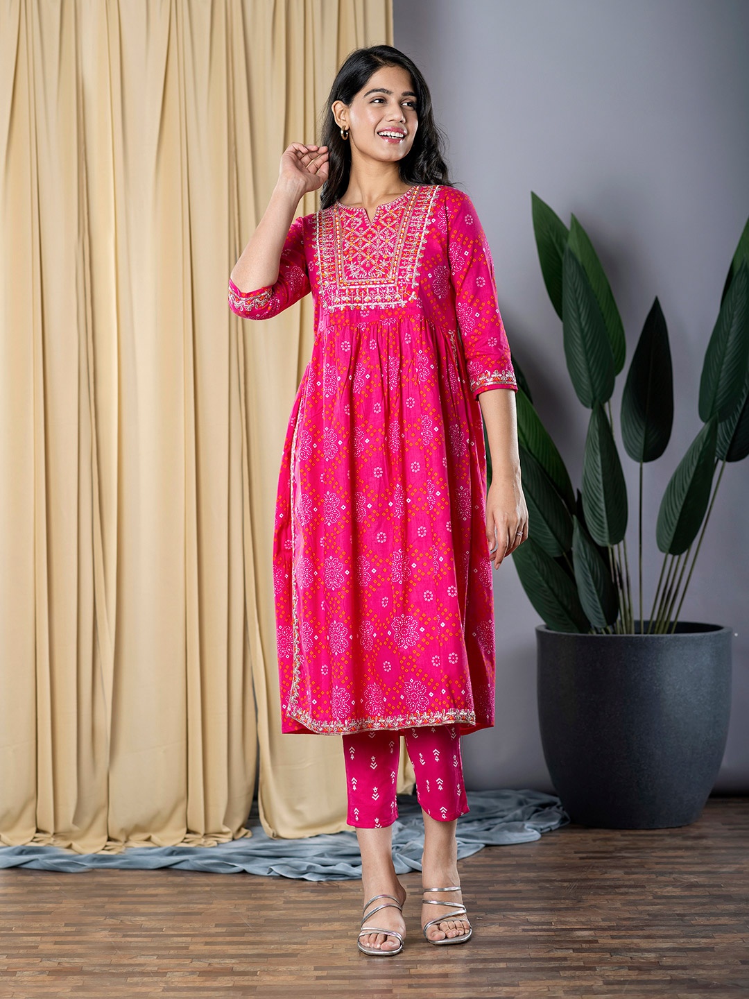 

KALINI Floral Printed Pure Cotton A-Line Kurta with Trousers, Pink