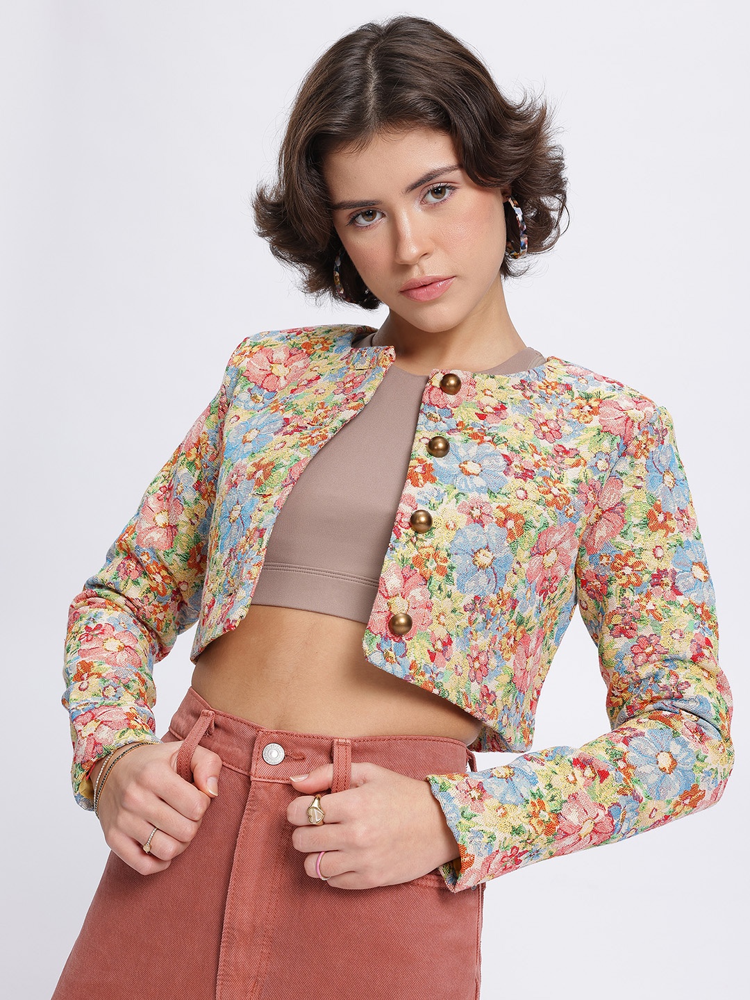 

glitchez Vintage Floral Crop Jacket, Beige