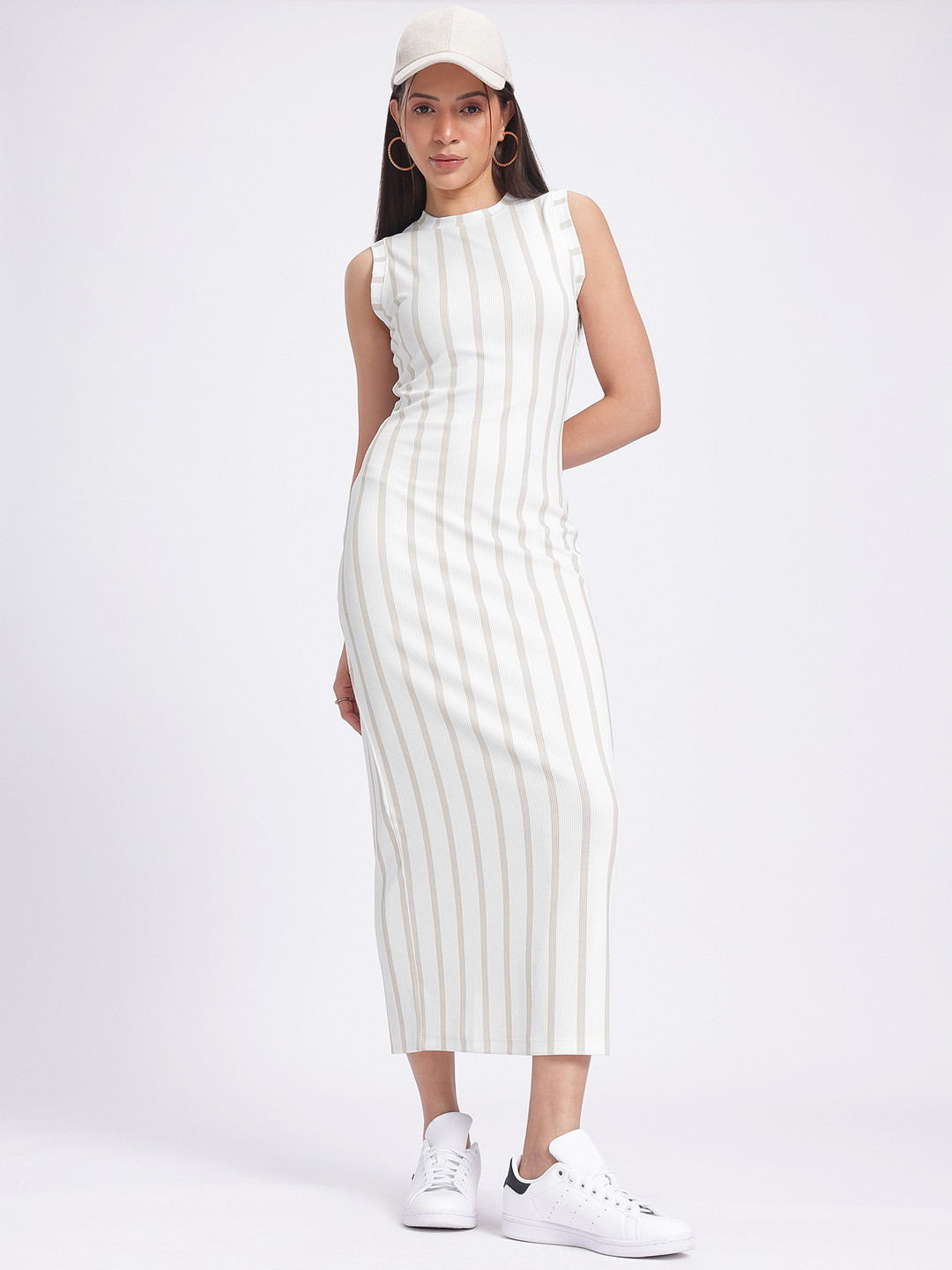 

glitchez Basically Ribbed Vertically Striped Maxi Bodycon Slip Dress, White