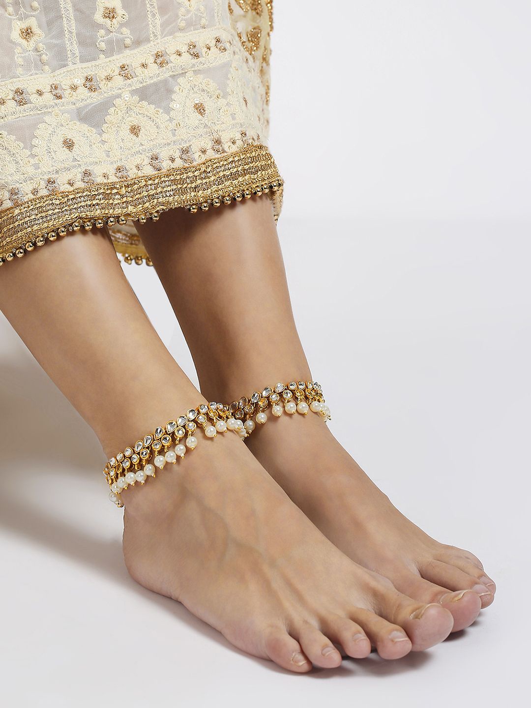 

Anouk Kundan Studded & Pearl Beaded Anklets, Gold