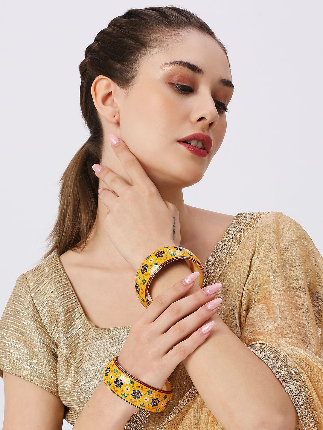 

Anouk Set Of 2 Gold-Plated Kada Meenakari Floral Bangles