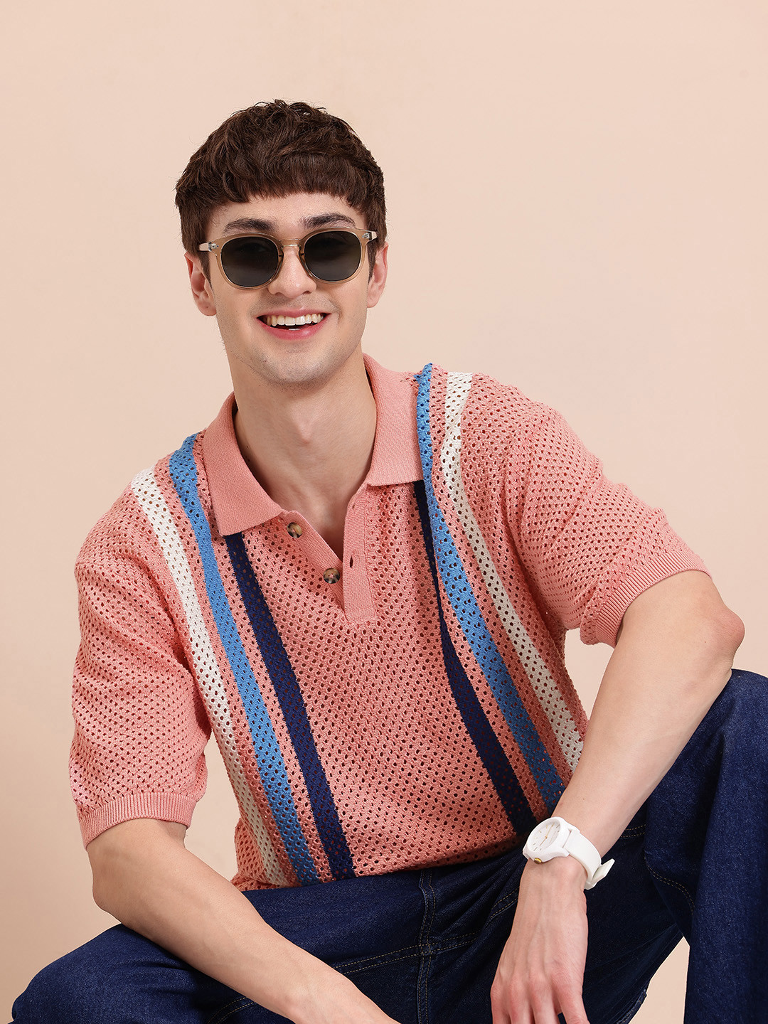 

Mast & Harbour Men Striped Open Knit Relaxed Fit T-shirt, Pink