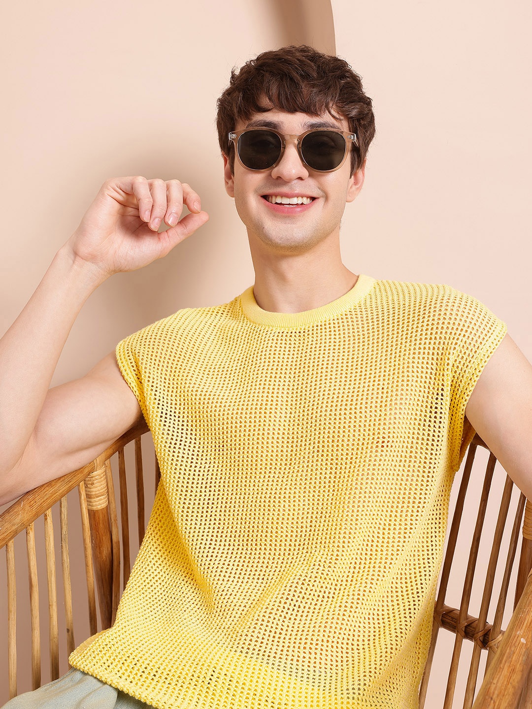 

Mast & Harbour Open-Knit Semi-Sheer T-shirt, Yellow