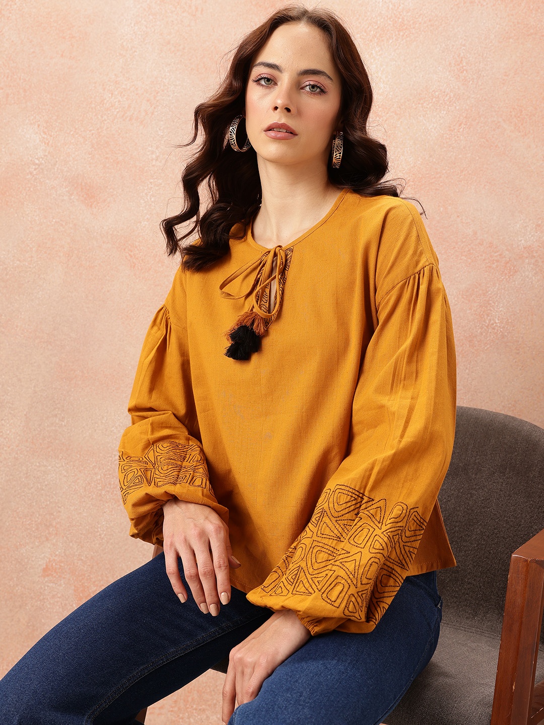 

all about you Embroidered Tie-Up Neck Puff Sleeves Cotton - Linen Top, Yellow