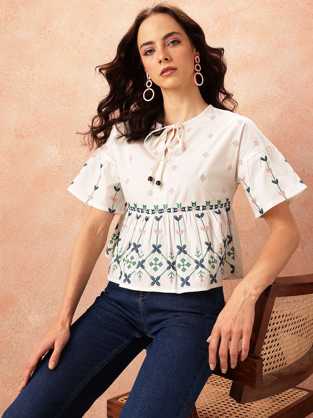 

all about you Floral Embroidered Pure Cotton Empire Top, Off white