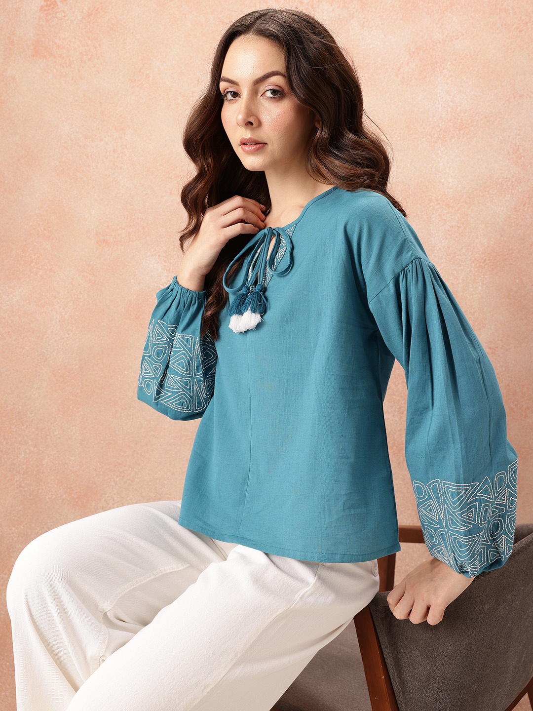 

all about you Tie-Up Neck Puff Sleeves Cotton - Linen Top, Blue