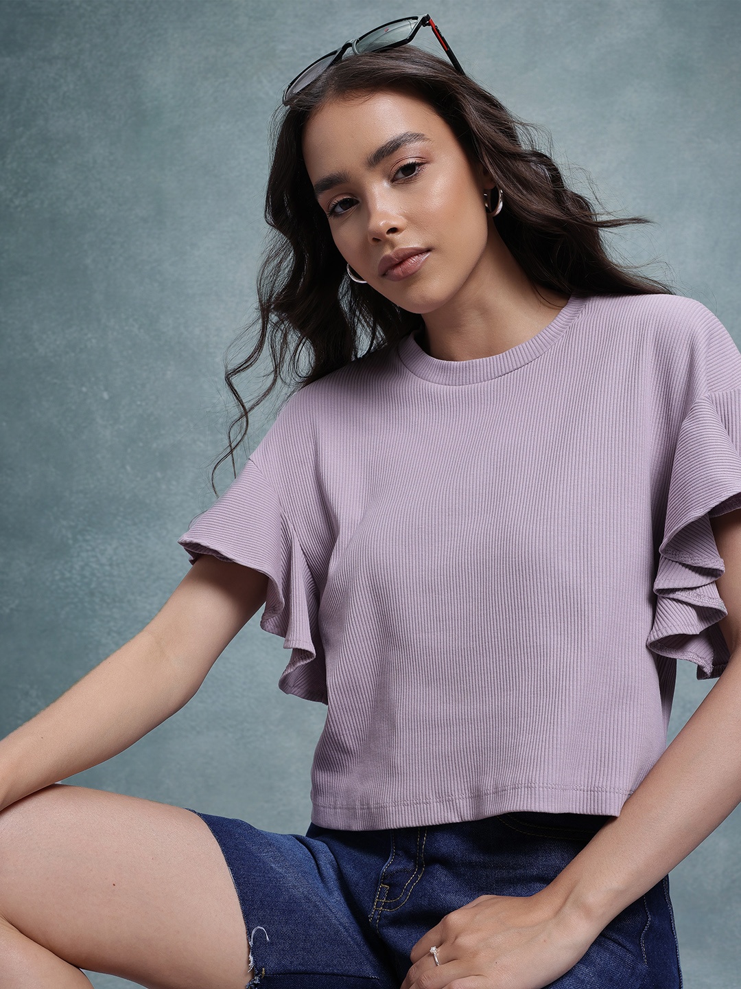 The Roadster Life Co. Extended Sleeves with Ruffles Crop Top, Lavender