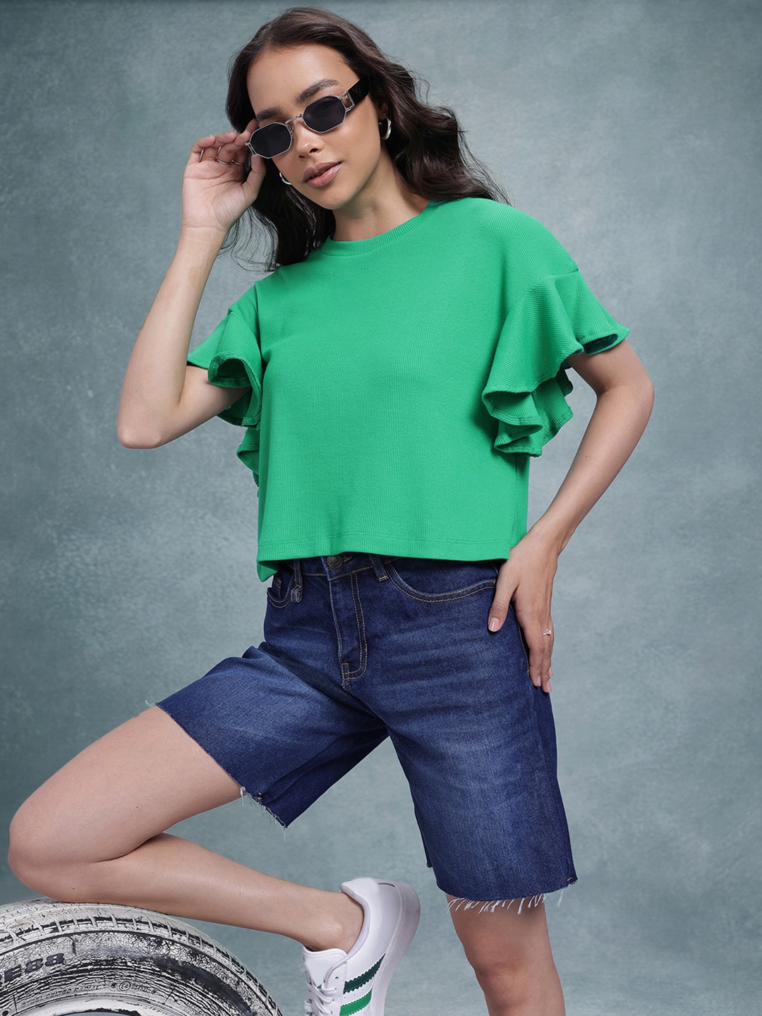 

The Roadster Life Co. Extended Sleeves with Ruffles Crop Top, Green