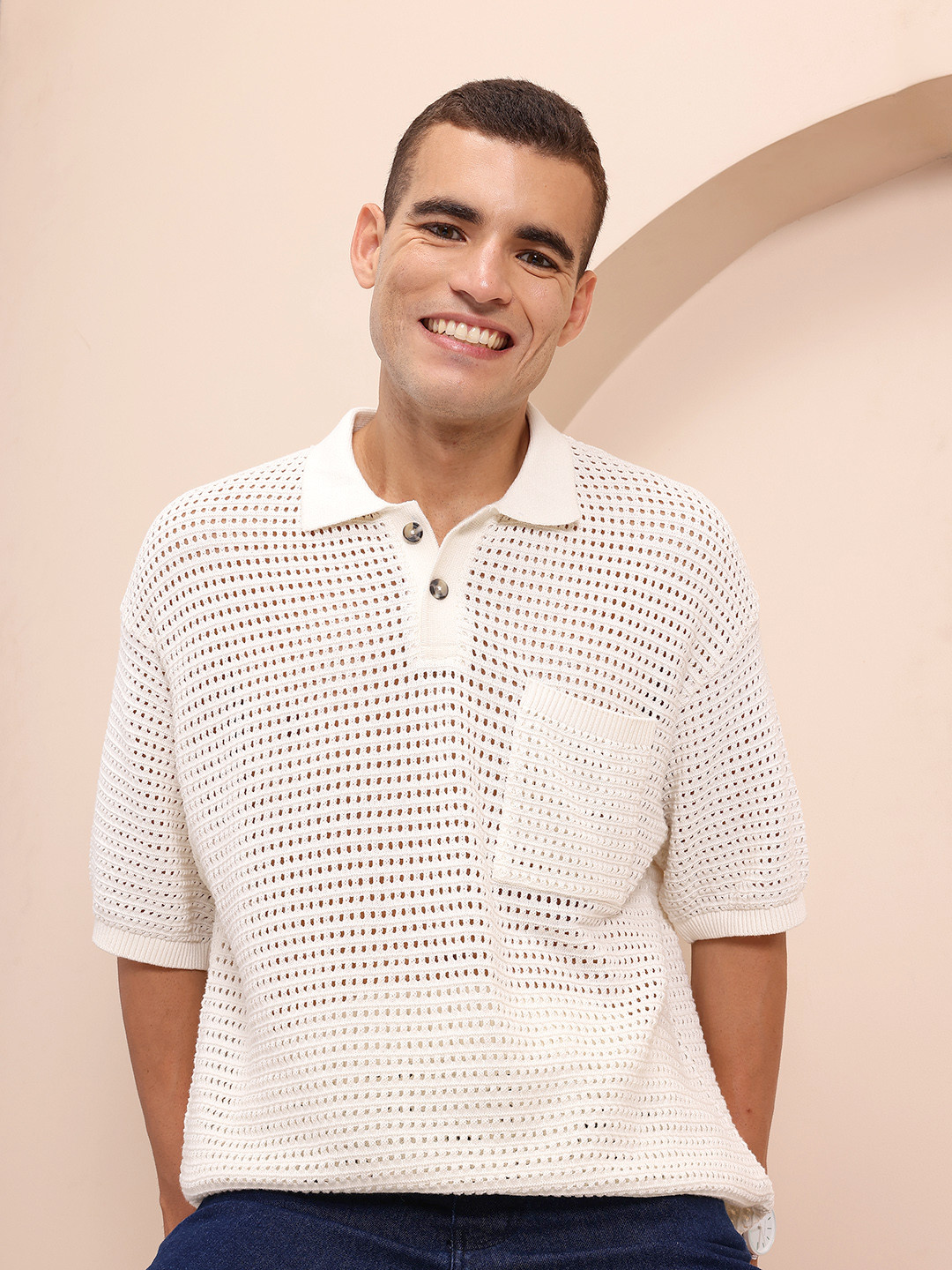 

Mast & Harbour Crochet Open-Knit Drop-Shoulder Sleeves T-shirt, White