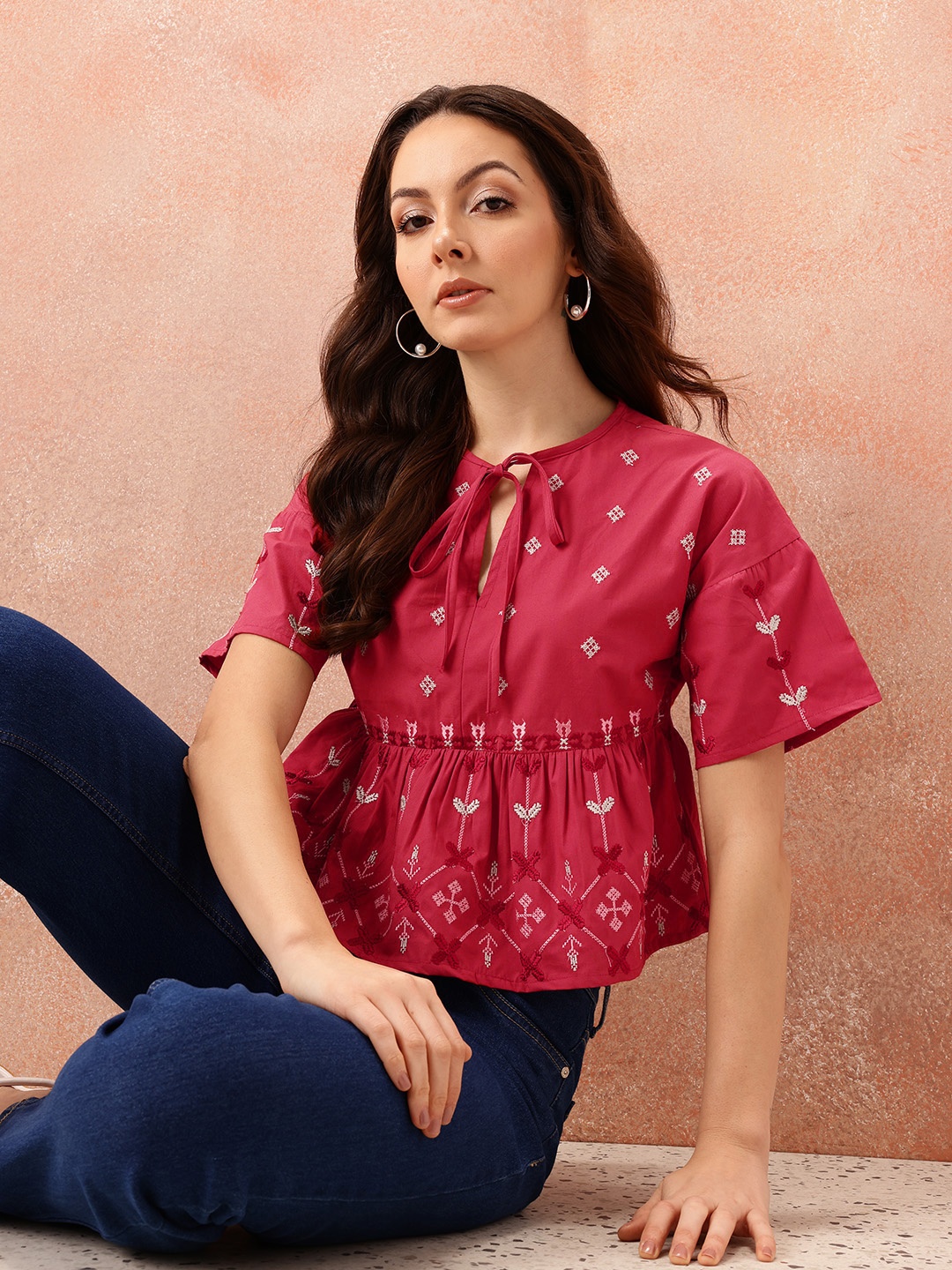 

all about you Floral Embroidered Pure Cotton A-Line Top, Maroon