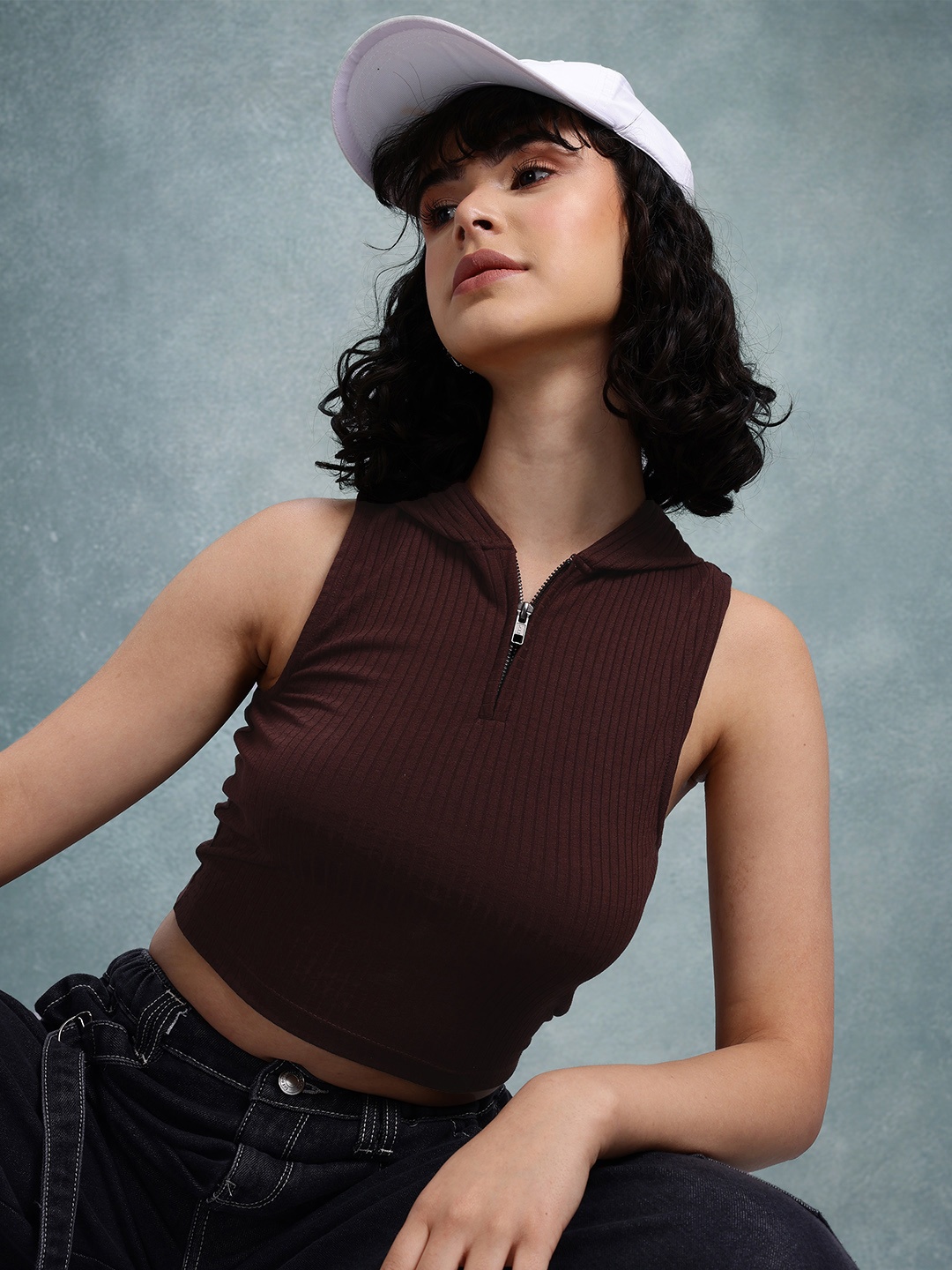 

The Roadster Life Co. Ribbed Hooded Crop Top, Brown