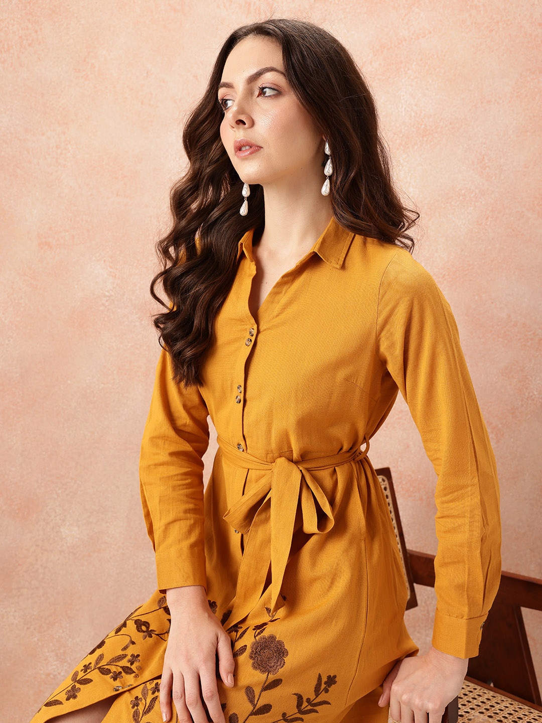 

all about you Floral Embroidered Waist Tie-Ups Shirt Dress, Mustard