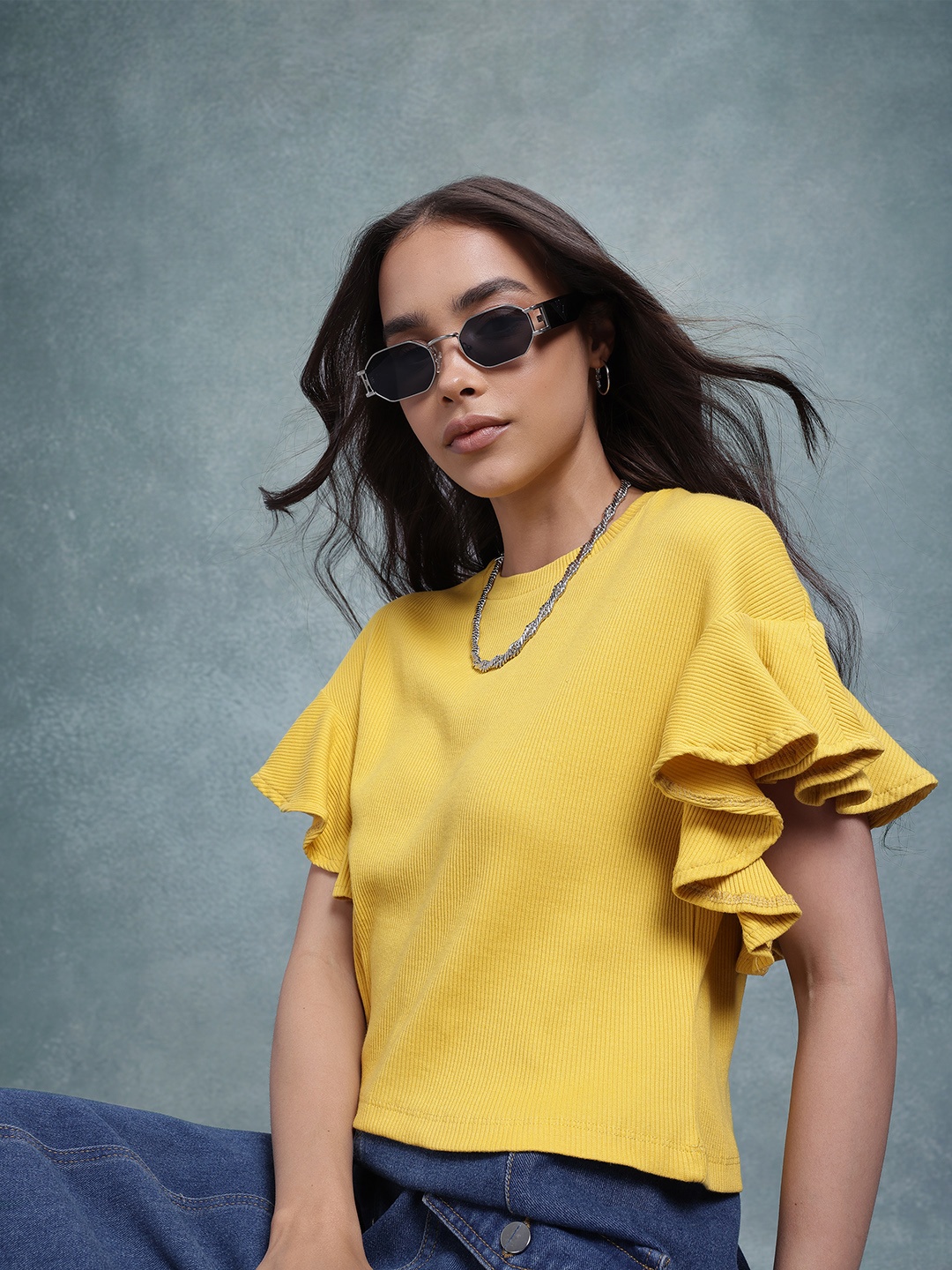 

The Roadster Life Co. Ribbed Flutter Sleeve Top, Mustard