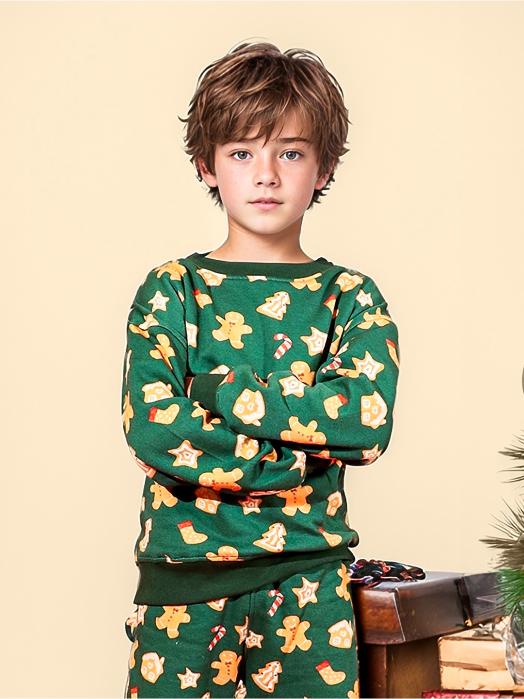 

Whistle & Hops Boys Conversational Printed Pure Cotton Casual Sweatshirt & Joggers, Green