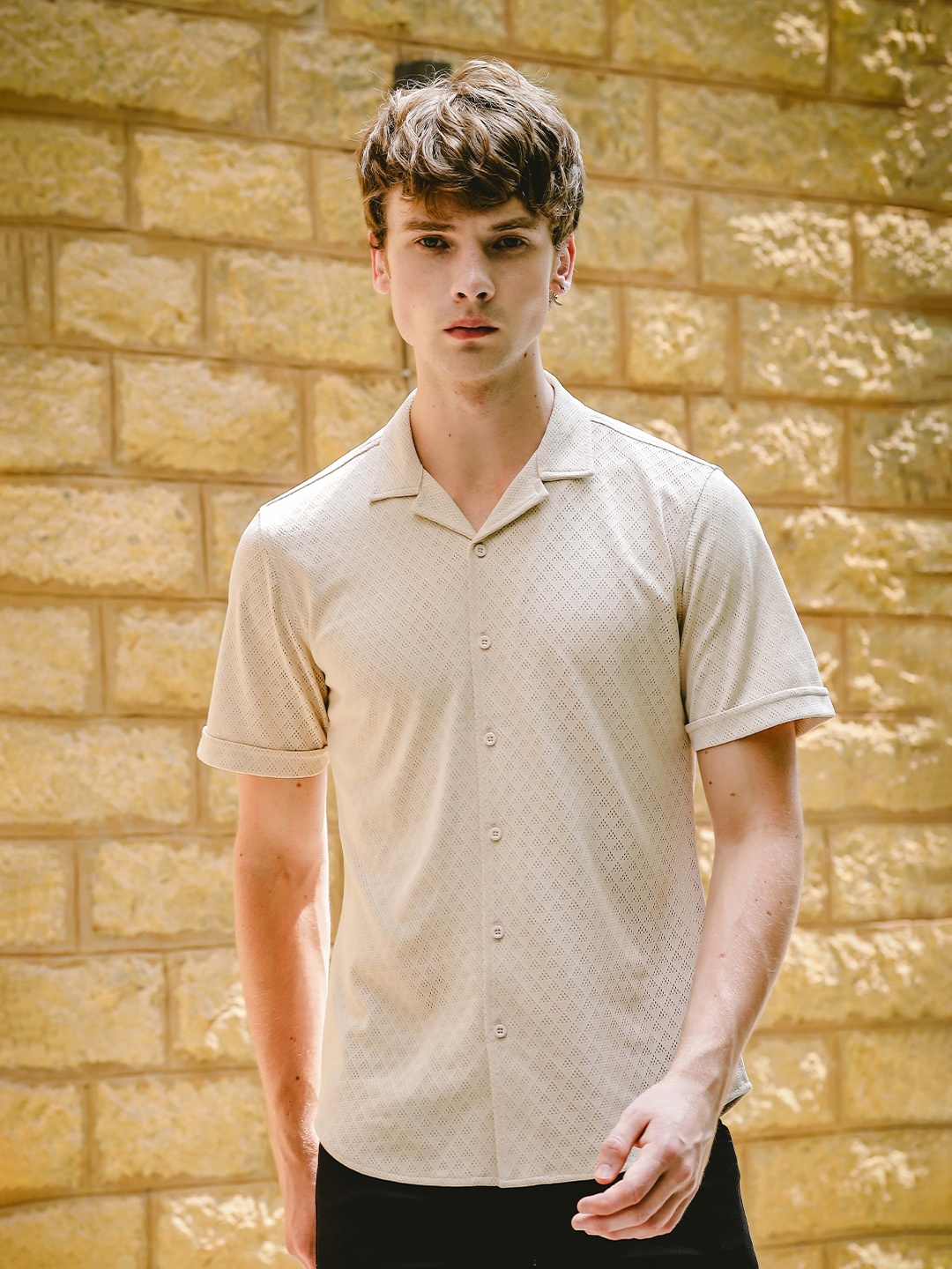 

HERE&NOW Men Cuban Collar Textured Slim Fit Casual Shirt, Beige