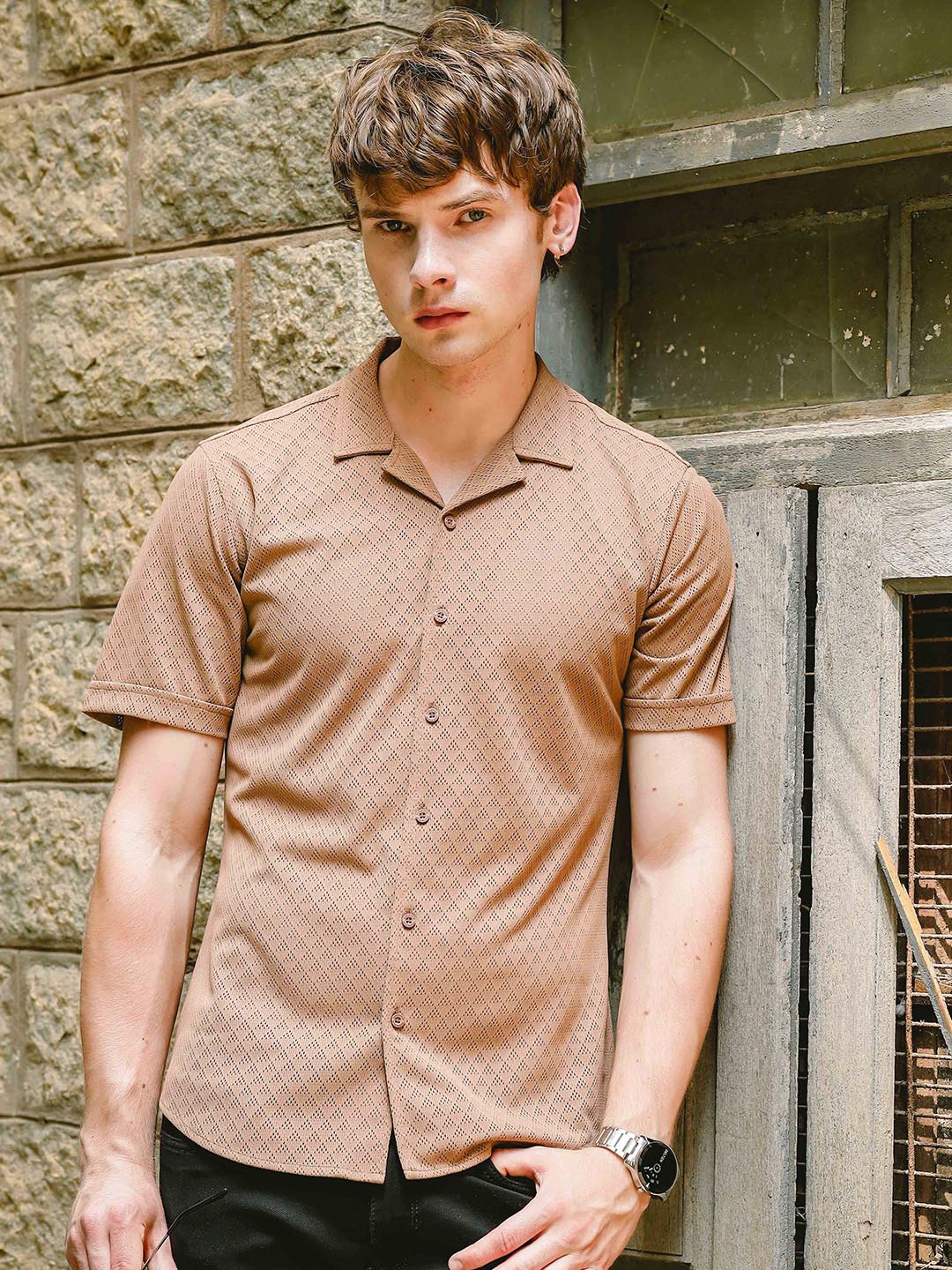 

HERE&NOW Men Cuban Collar Textured Slim Fit Casual Shirt, Brown