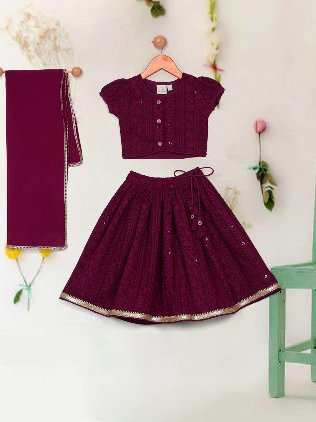 

SAKA DESIGNS Girls Embroidered Ready to Wear Lehenga & Blouse With Dupatta, Maroon