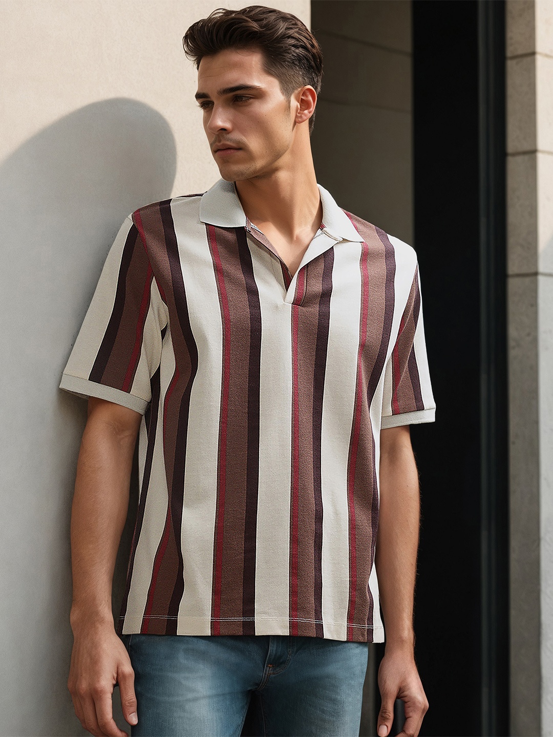 

H&M Striped Cotton Relaxed Fit Striped Polo, Beige