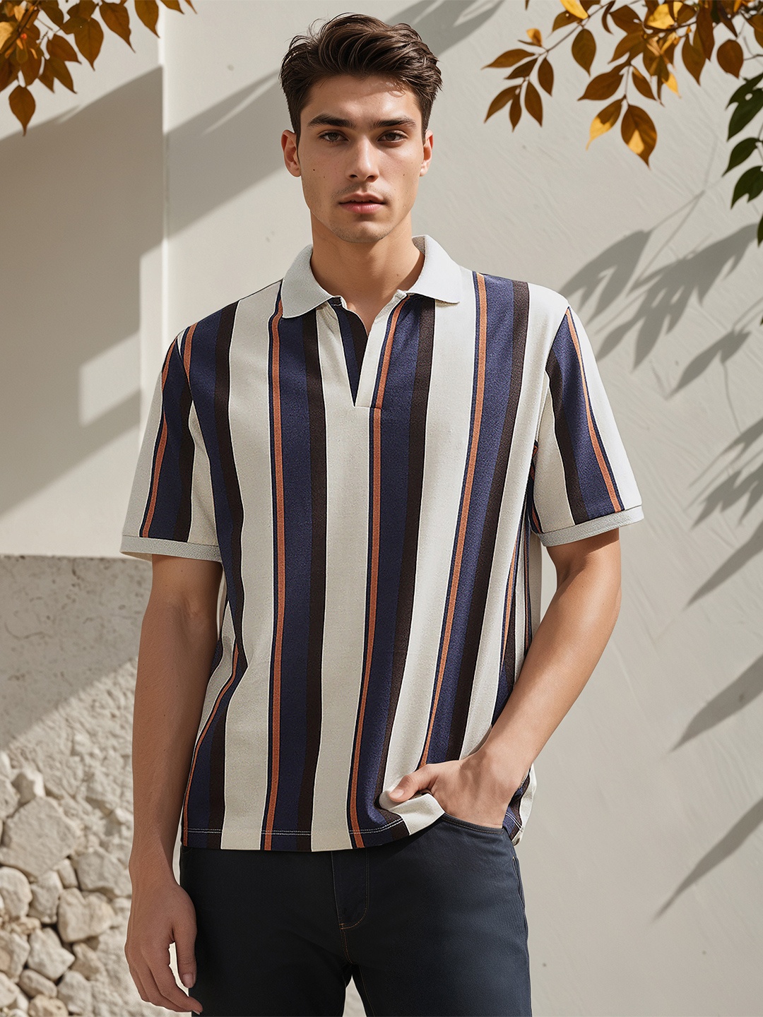 

H&M Striped Polo T-Shirt, Beige