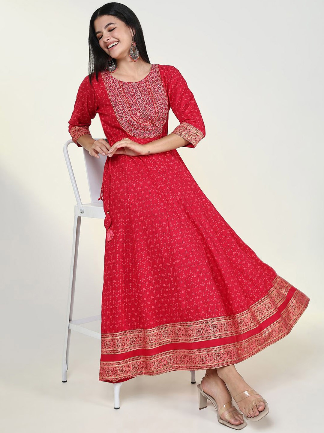 

SHOWOFF Round Neck Floral Woven Design Thread Work Anarkali Kurta, Pink