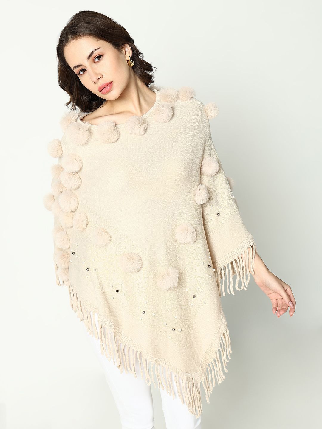 

SHOWOFF Women Longline Poncho with Embellished Detail, Cream