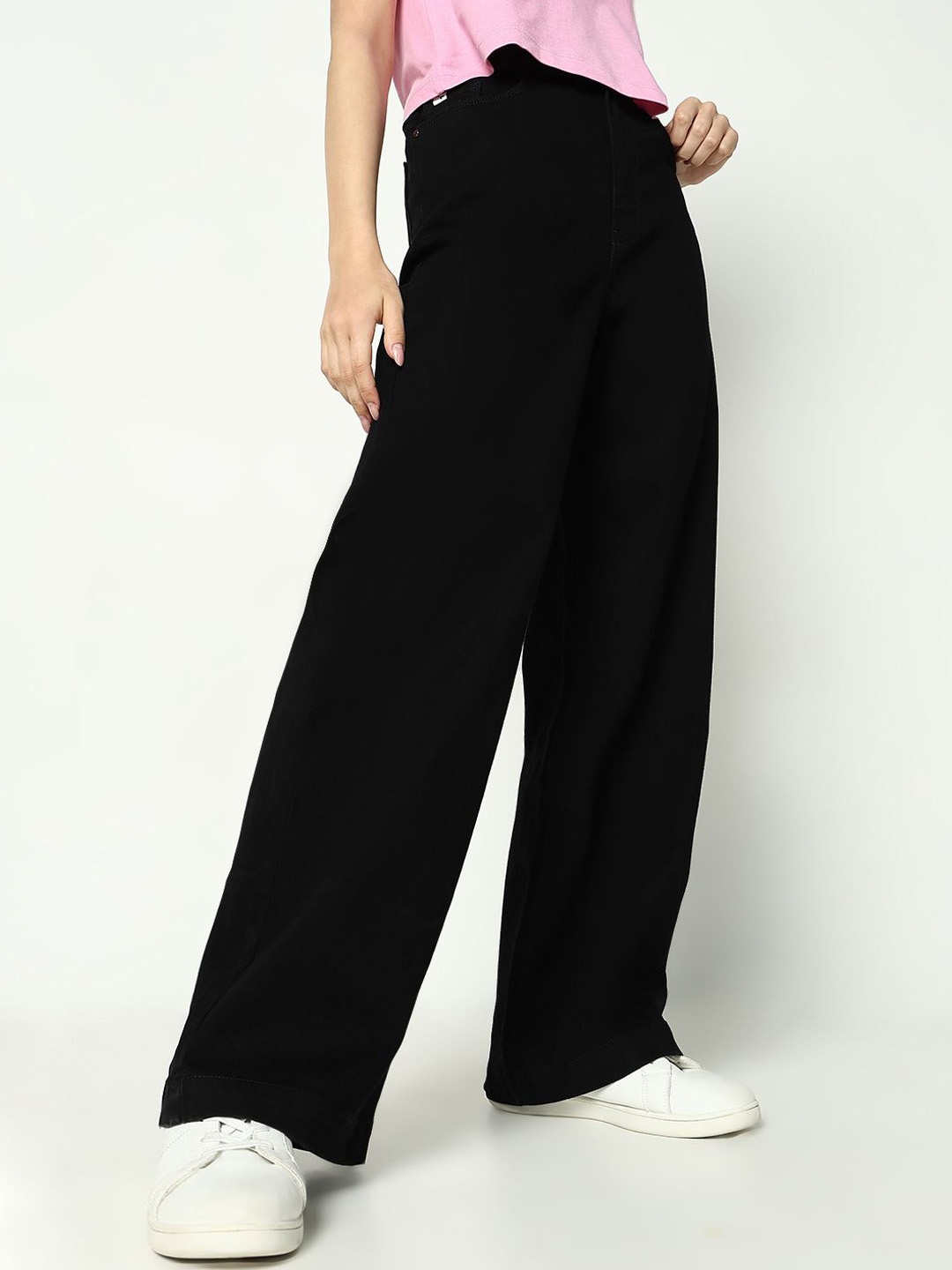 

SHOWOFF Women Cotton Comfort Wide Leg Mid-Rise Jeans, Black