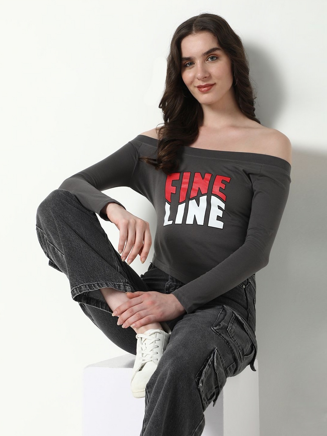 

SHOWOFF Typography Printed Off-Shoulder Top, Grey