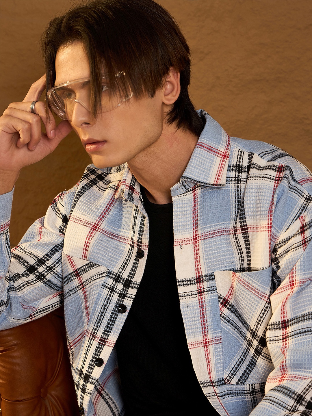 

DENNISON Men Double Pocket Drop Shoulder Oversized Cotton Checked Shacket, Blue