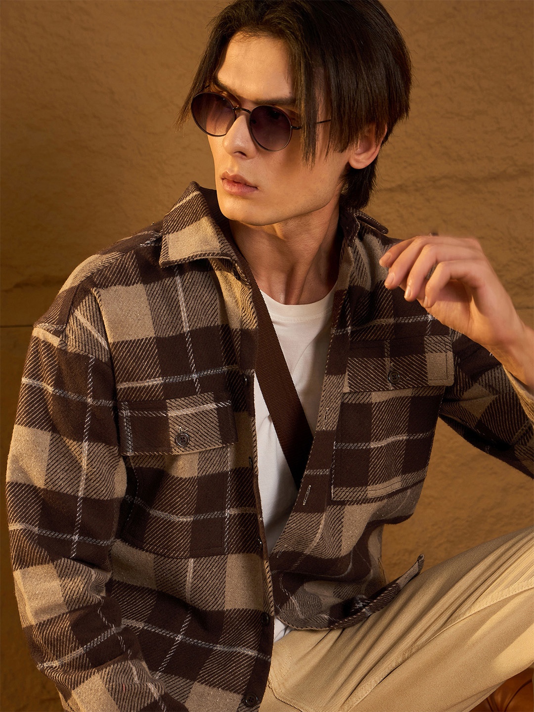 DENNISON Men Double Pocket Drop Shoulder Oversized Cotton Checked Shacket, Brown