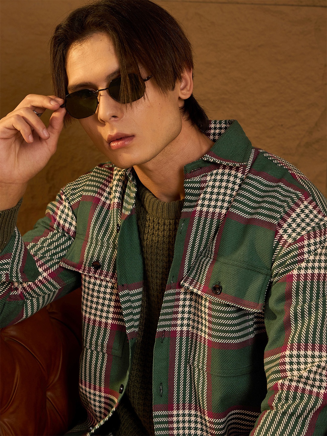 

DENNISON Men Double Pocket Drop Shoulder Oversized Cotton Checked Shacket, Green
